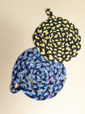 Set of Two Handmade Pot Holders Rag Rug Style